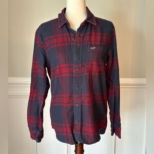 Hollister Mens Navy Blue Red Plaid Long Sleeve Flannel Shirt size Small